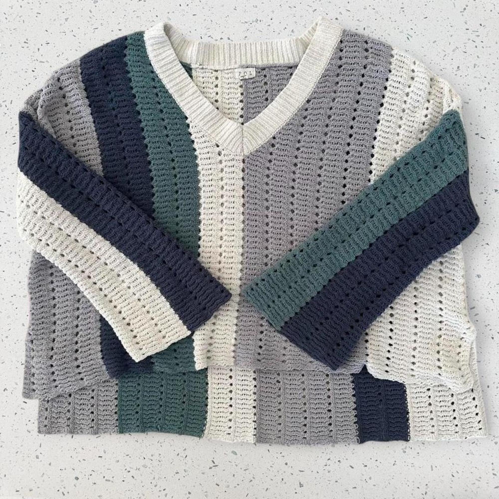 POL Womens Oversized Crochet Knit Striped V-Neck Sweater Blue Gray Cream Small